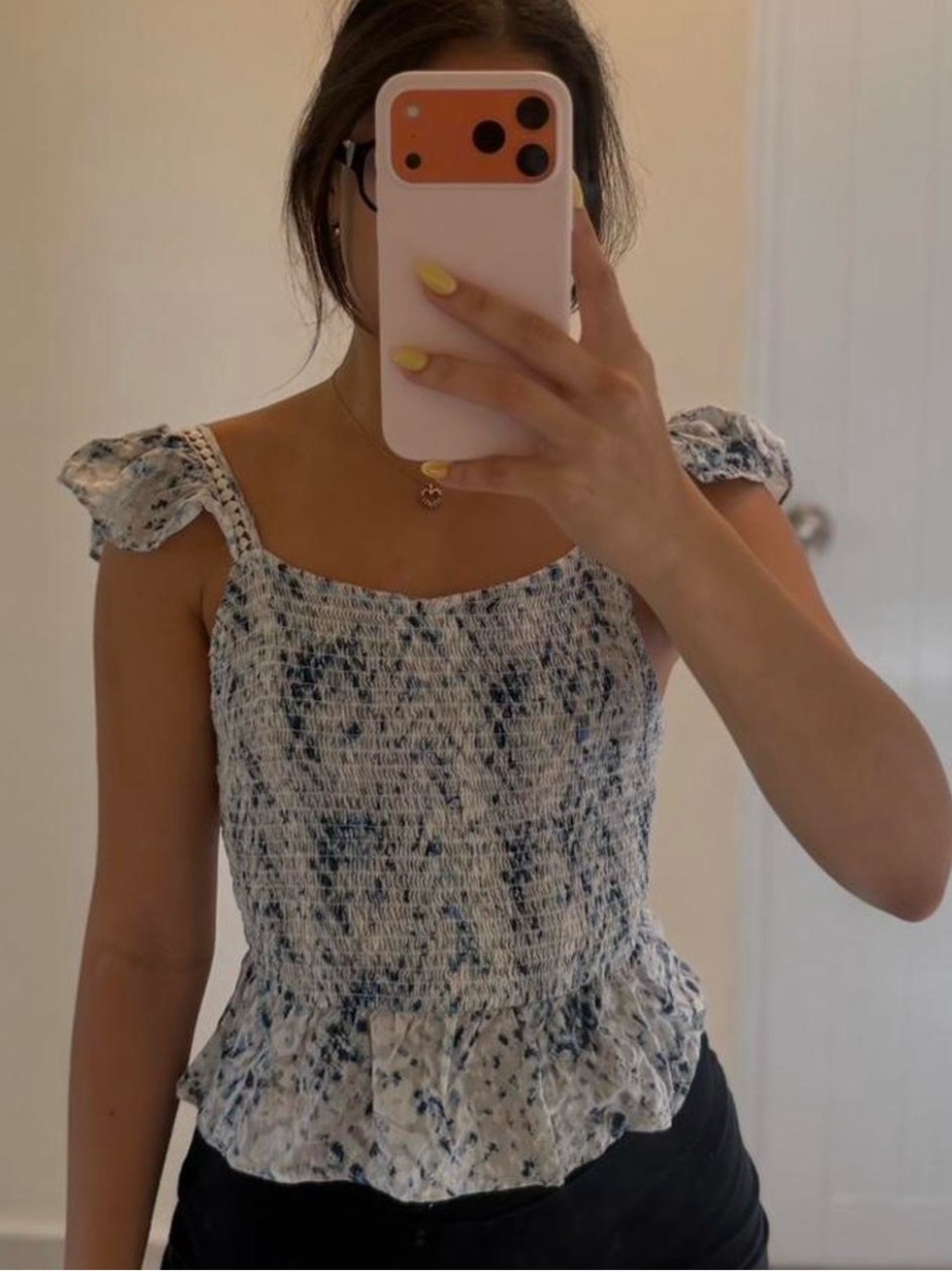 Marshalls Blue and White Smocked Ruffle Shoulder Top